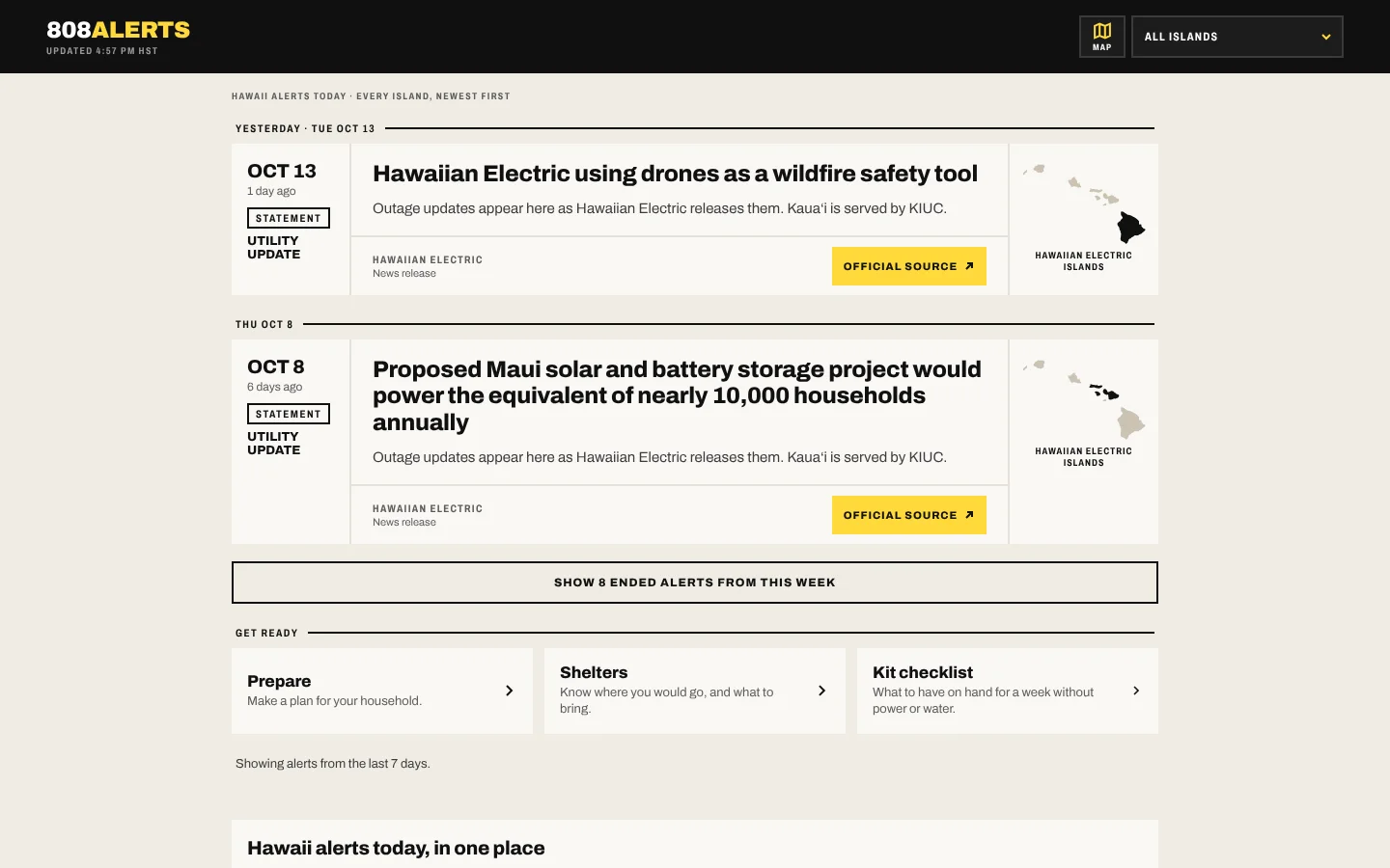808 Alerts homepage: newest Hawaiʻi alerts first, each with its date, type, source and island, plus an island picker
