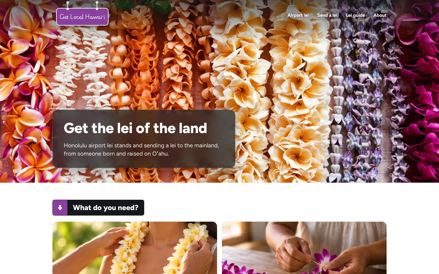 Get Local Hawaiʻi homepage: Get the lei of the land, over a wall of fresh plumeria, tuberose and crown flower lei