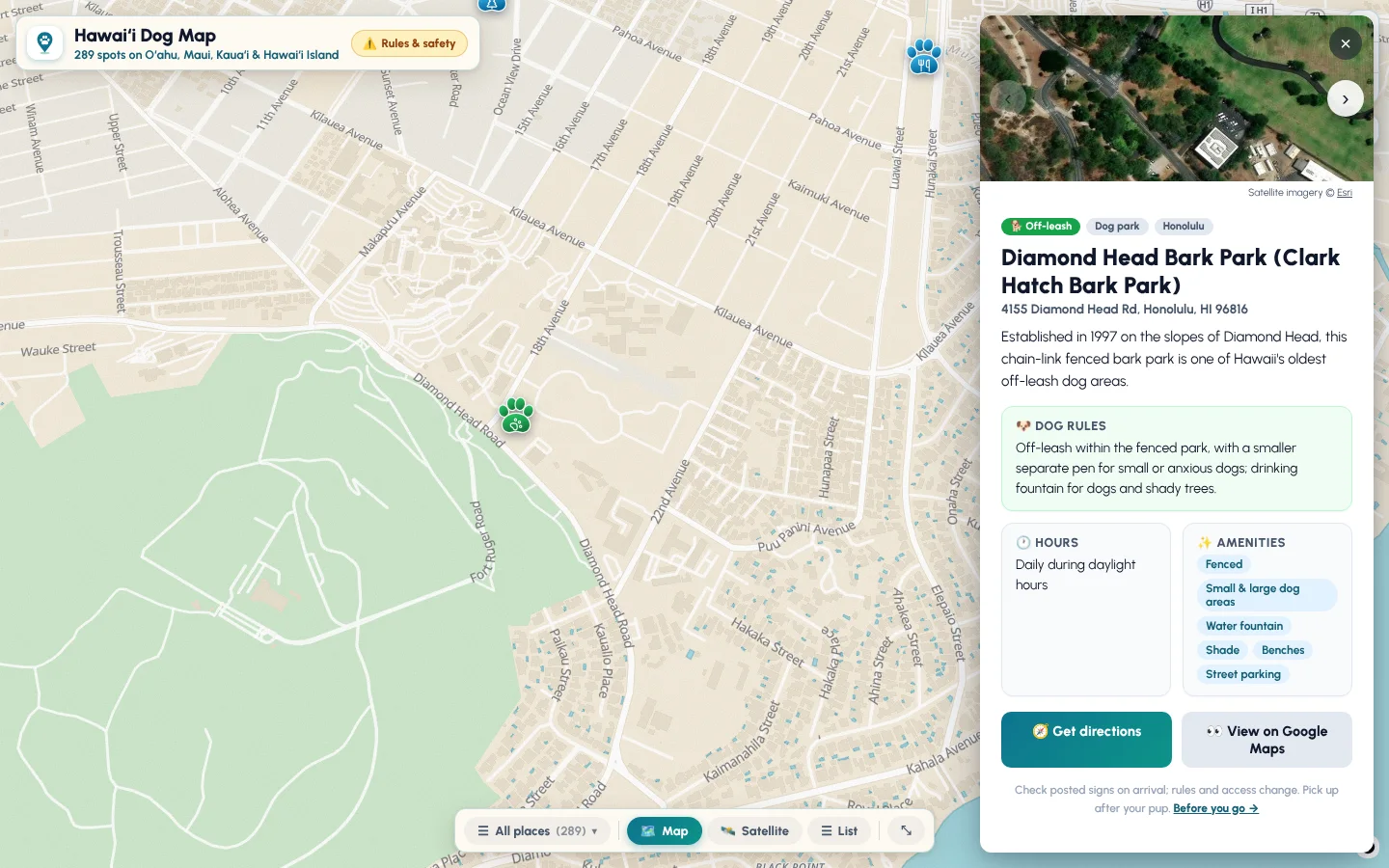 Hawaiʻi Dog Map: a dog park’s page beside the map, with its dog rules, hours, amenities and directions