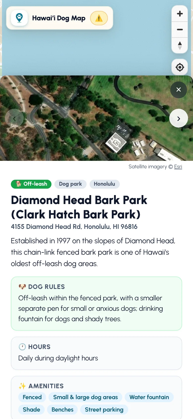 Hawaiʻi Dog Map on a phone: a dog park’s page with a satellite photo, rules and amenities