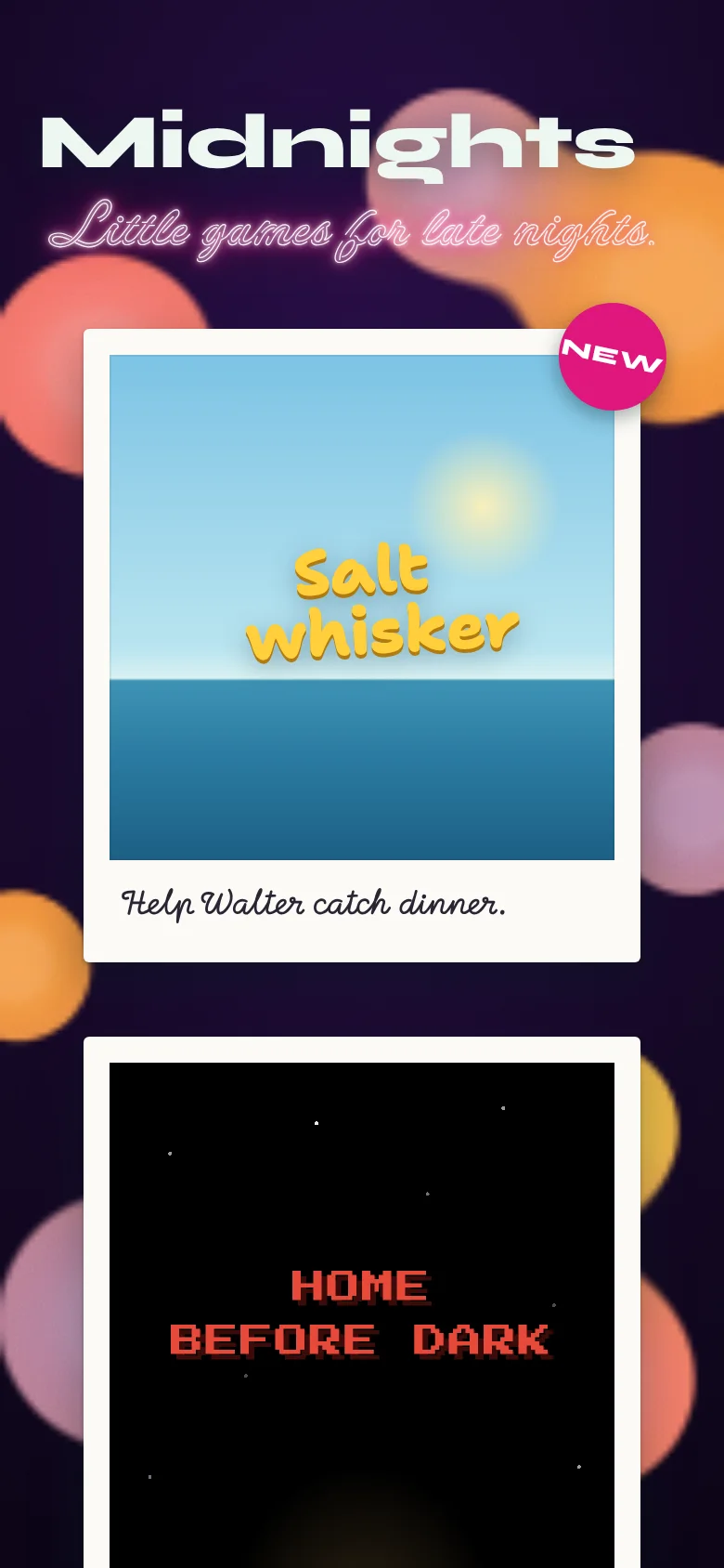 Midnights on a phone: the game cards stacked, starting with Saltwhisker