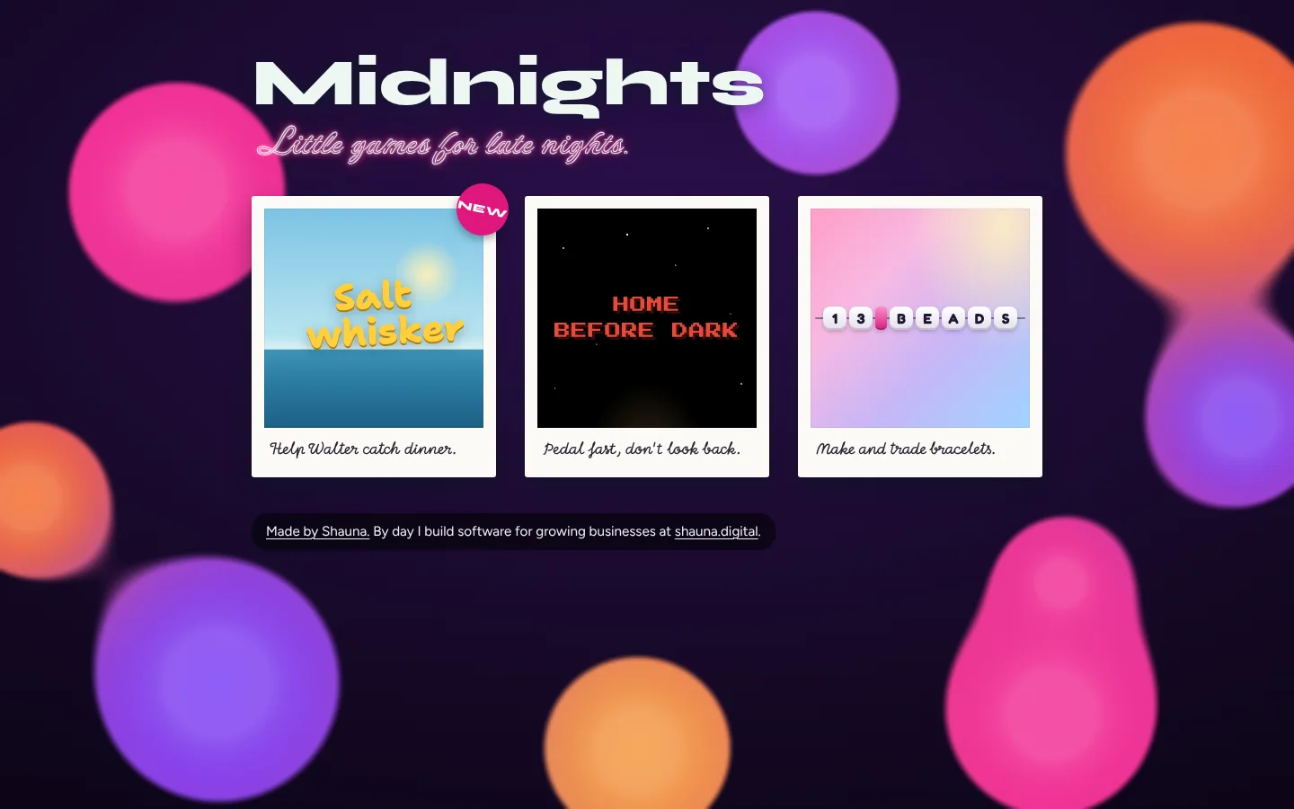 Midnights: little games for late nights, with Saltwhisker, Home Before Dark and 13 Beads