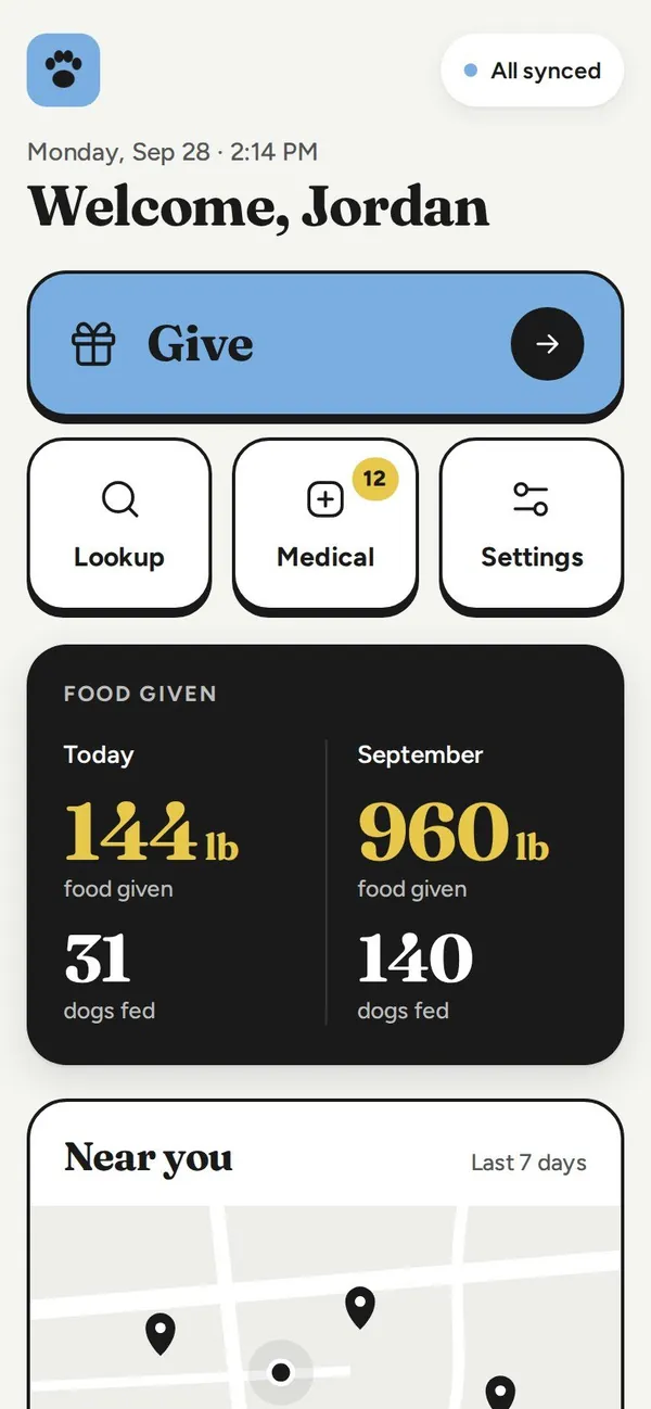 Field app home: a Give button, food given today and this month, and a map of recent visits