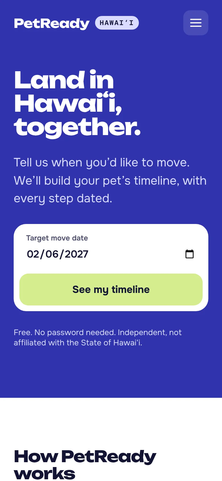 PetReady Hawaiʻi on a phone: pick a target move date to see your pet’s timeline