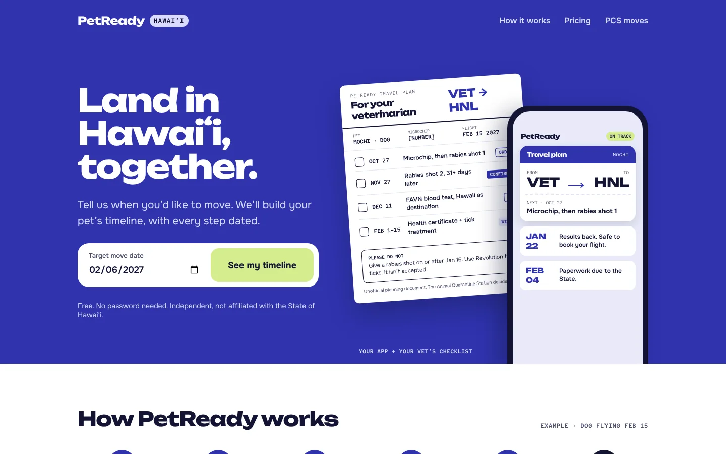 PetReady Hawaiʻi homepage: Land in Hawaiʻi, together, with a move date picker and an example travel plan