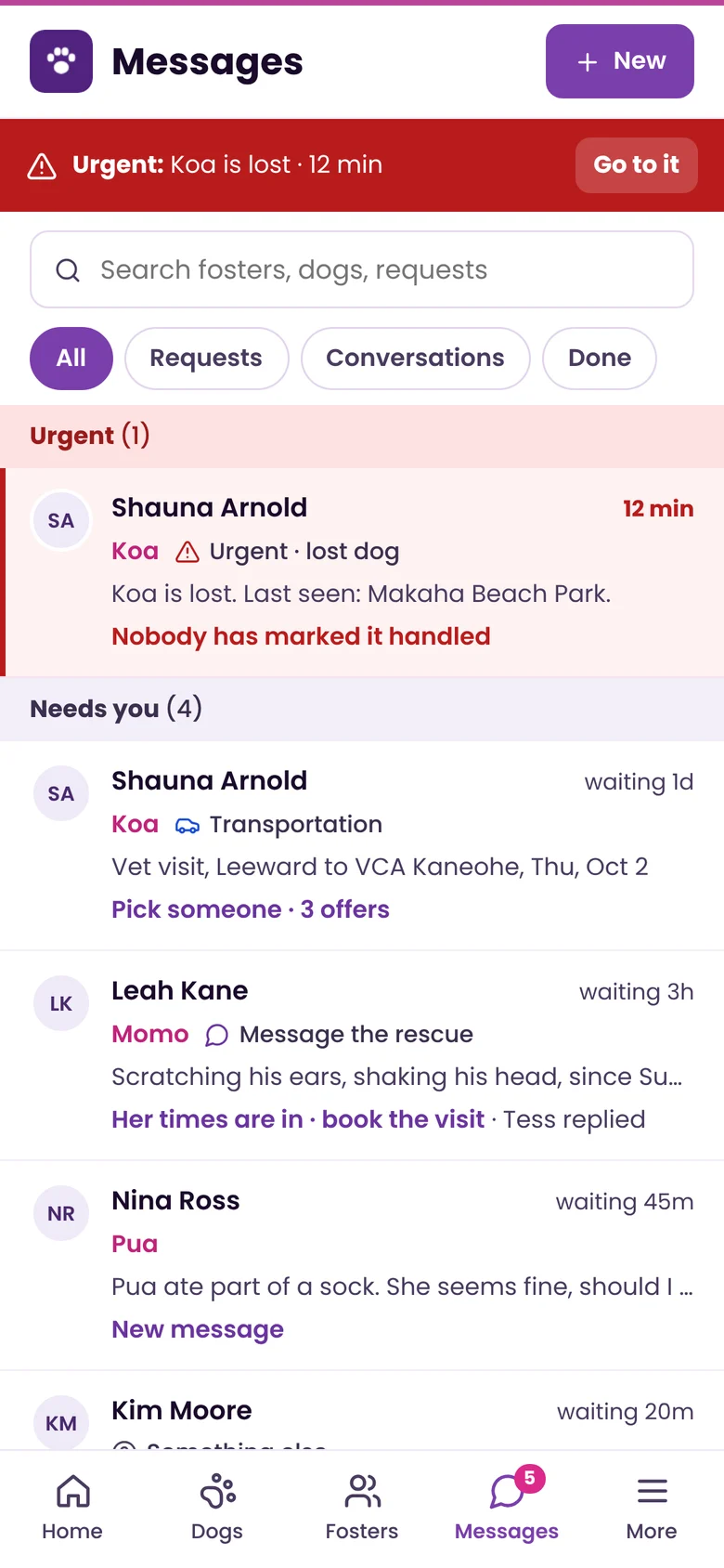 Admin messages on a phone: an urgent lost-dog alert at the top, then requests and questions from fosters