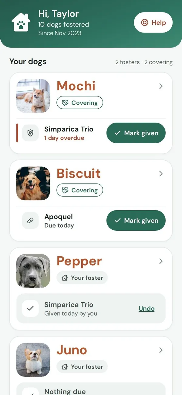 Home screen: each dog in care with what is due and a one-tap Mark given
