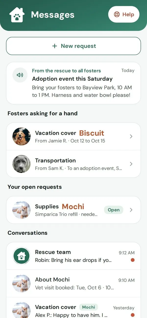 Messages screen: rescue updates, requests from other fosters, and conversations